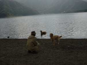 なかなか帰りたがらないで湖畔にたたずむ奈々と五郎